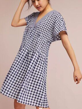 Anthropologie 11.1 TYLHO Gingham V Neck Swing Dress Navy White Size Small Boho